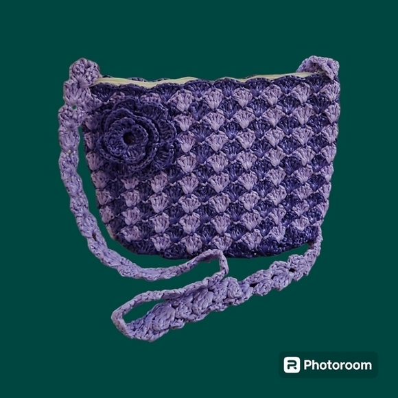 HANDMADE Purple Two-tone Plarn Crochet Flower Mini Bag - Picture 1 of 8